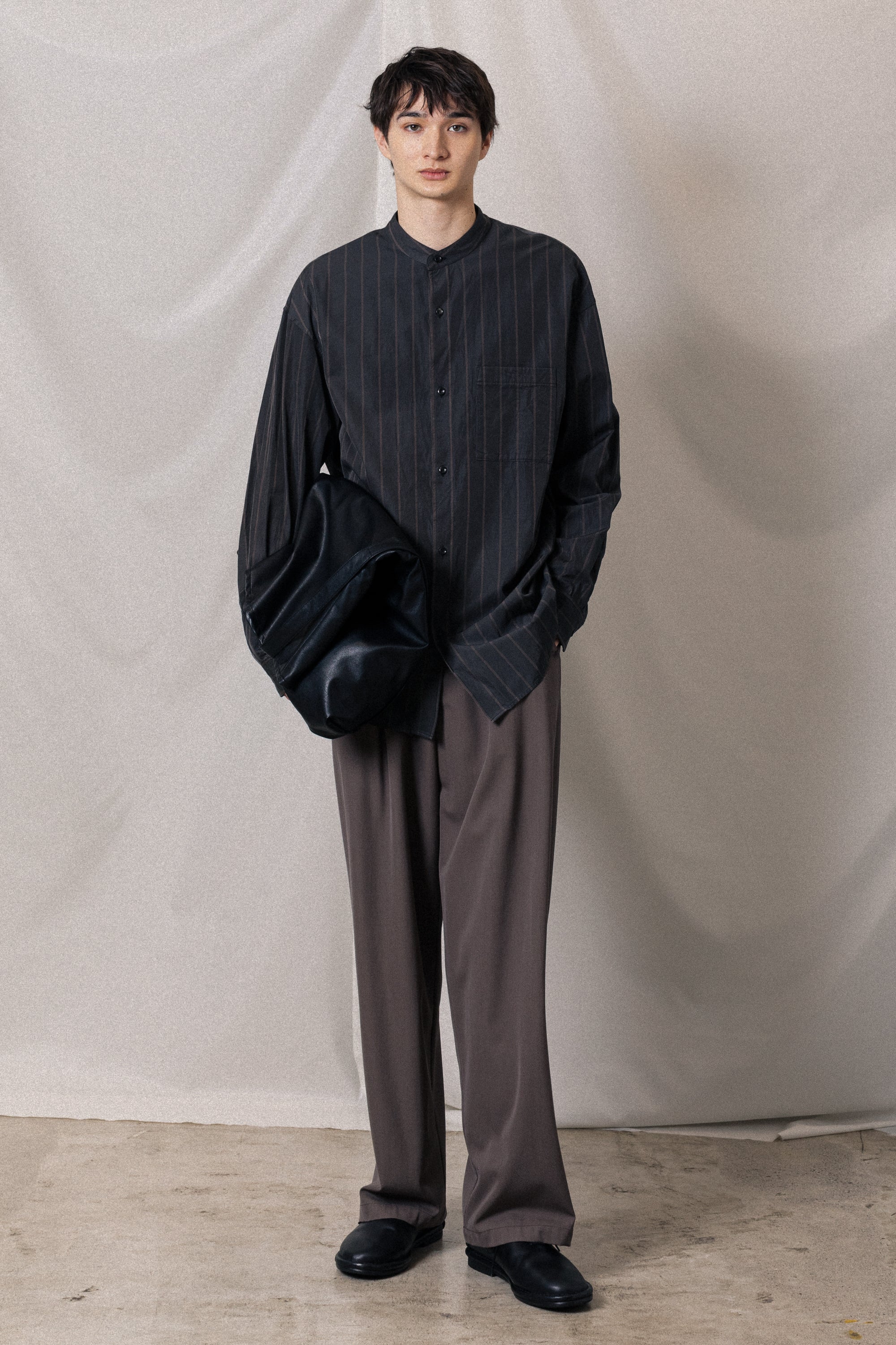 AS52-019 キュプラ/コットンストライプツイル バンドカラーL/Sシャツ