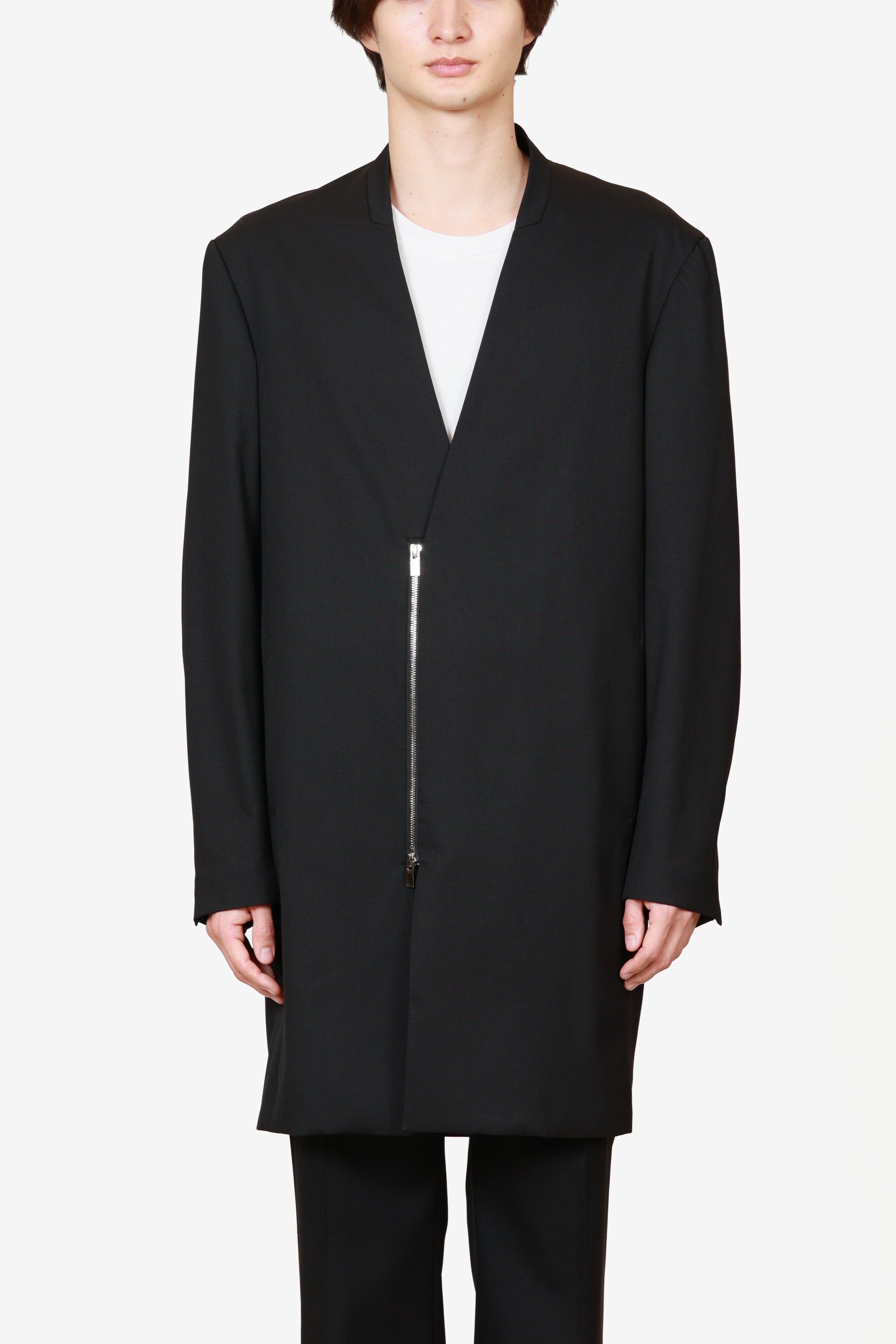 限定商品 AC52-120 ウール/ポリエステルストレッチギャバジン ノーカラーロングジャケット