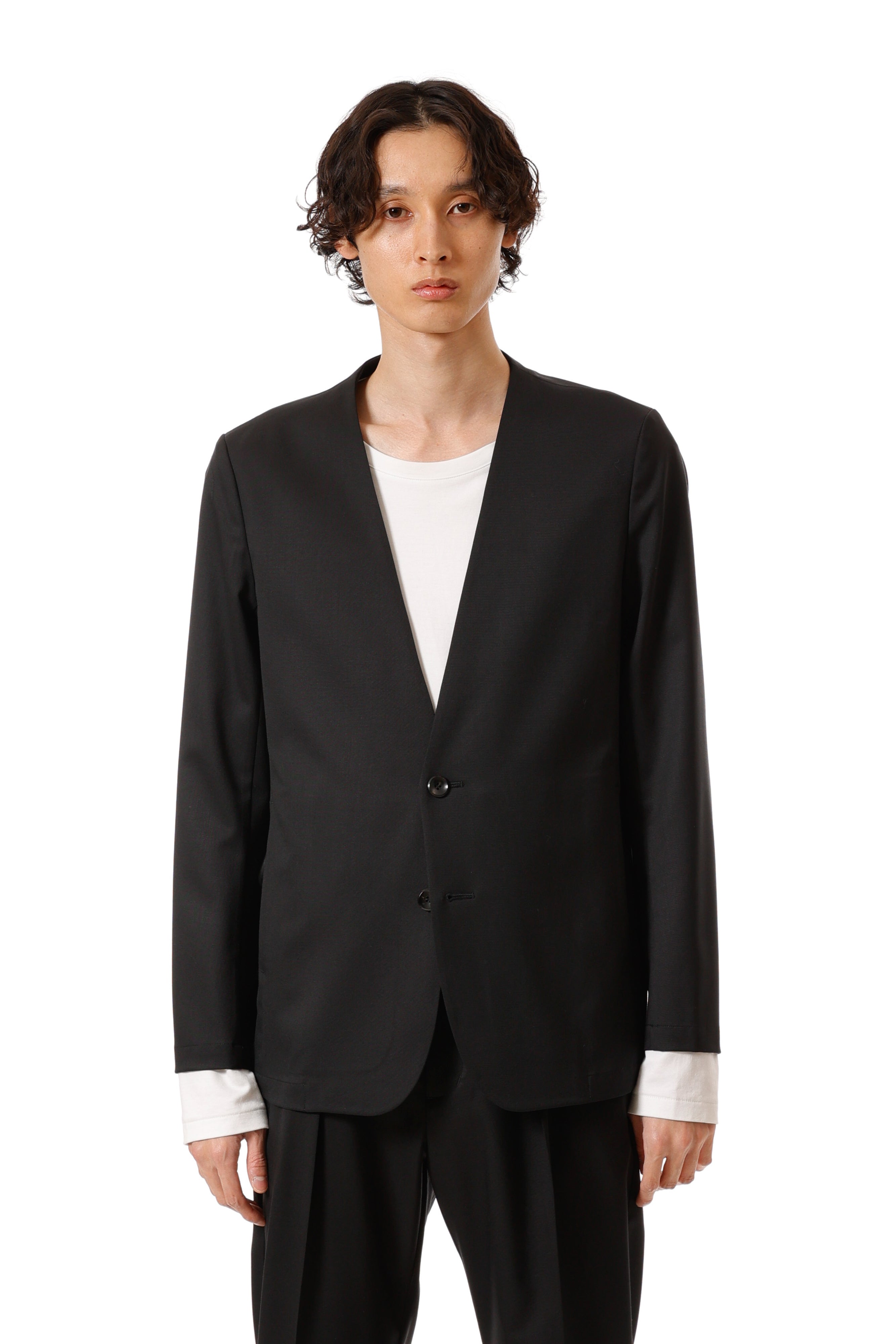 AG52-074 ポリエステル/ウール/シルクギャバジン ノーカラージャケット