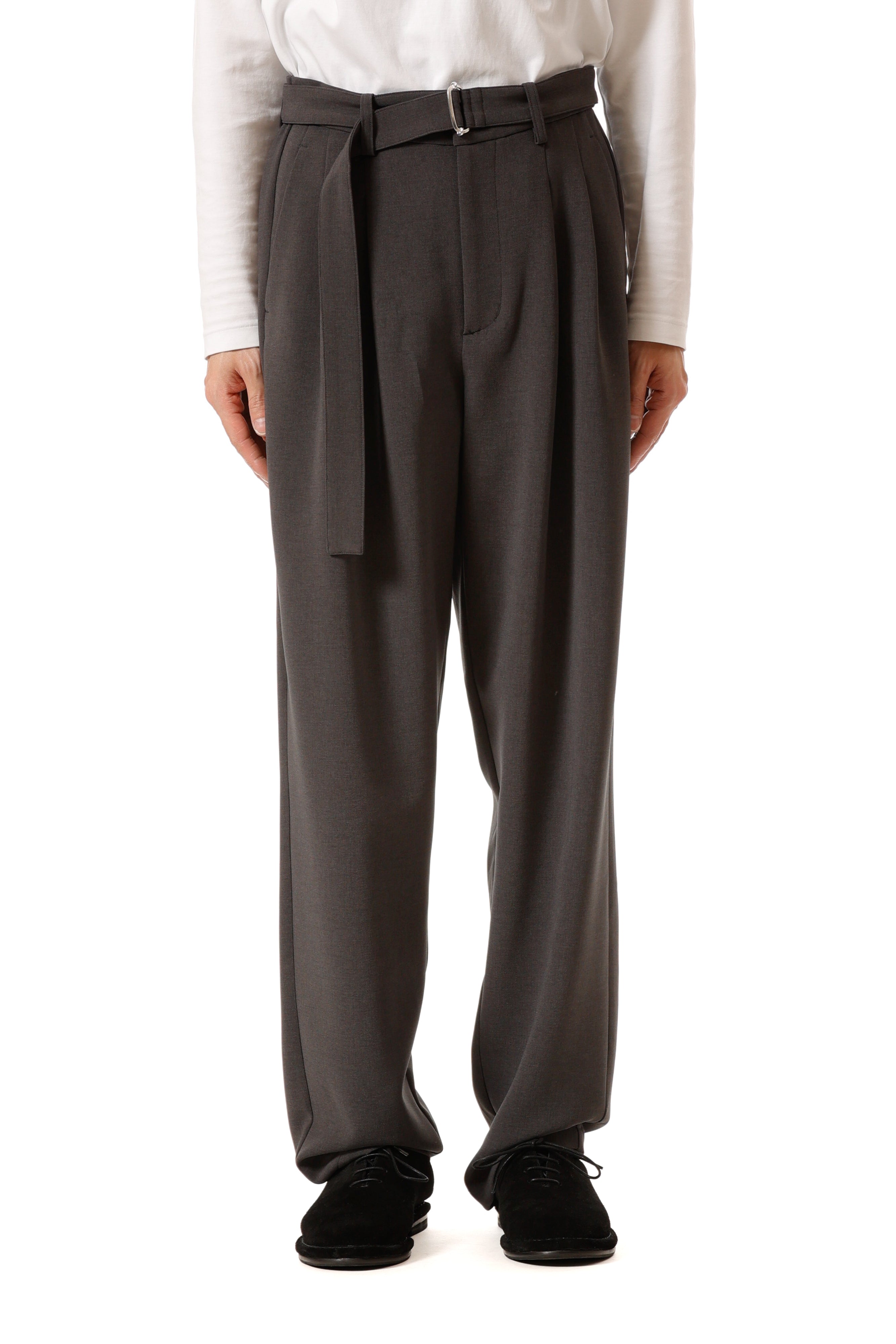 AP52-080 ポリエステルストレッチダブルクロス ベルト付きワイドテーパードパンツ