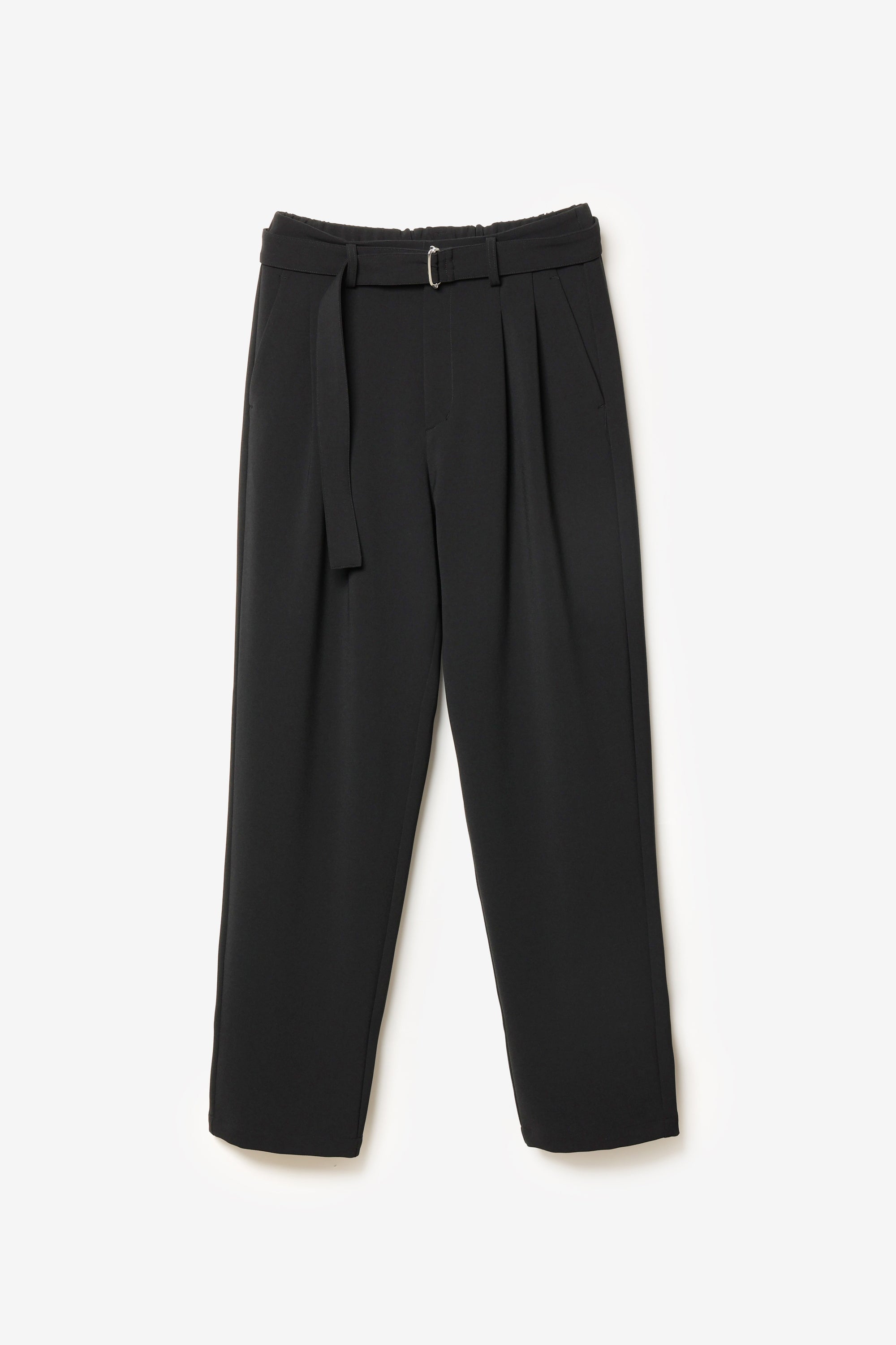 ポリエステルストレッチダブルクロス ベルト付きワイドテーパードパンツ