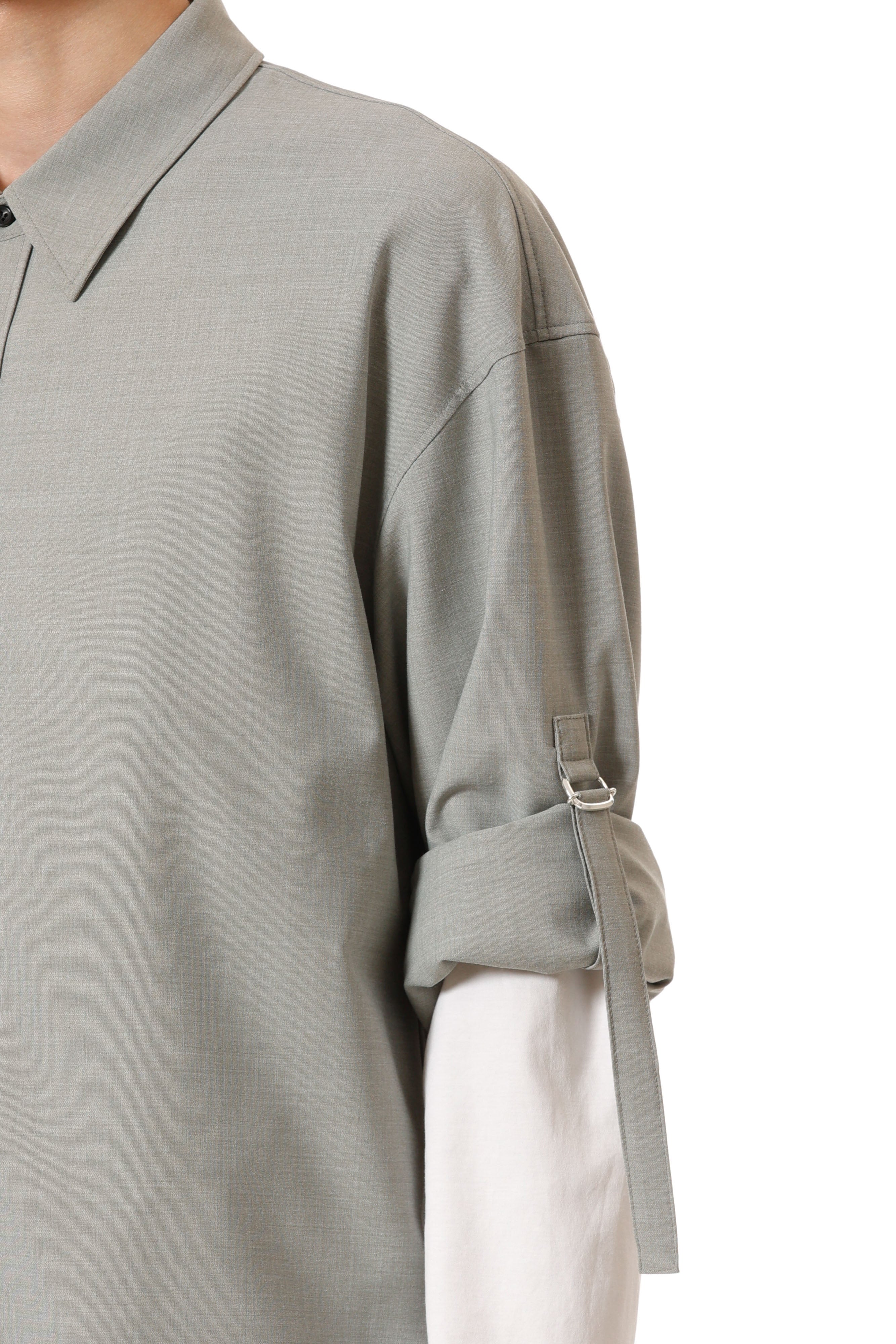 AS52-055 ポリエステル/レーヨンストレッチトロピカル ストラップスリーブ L/Sシャツ