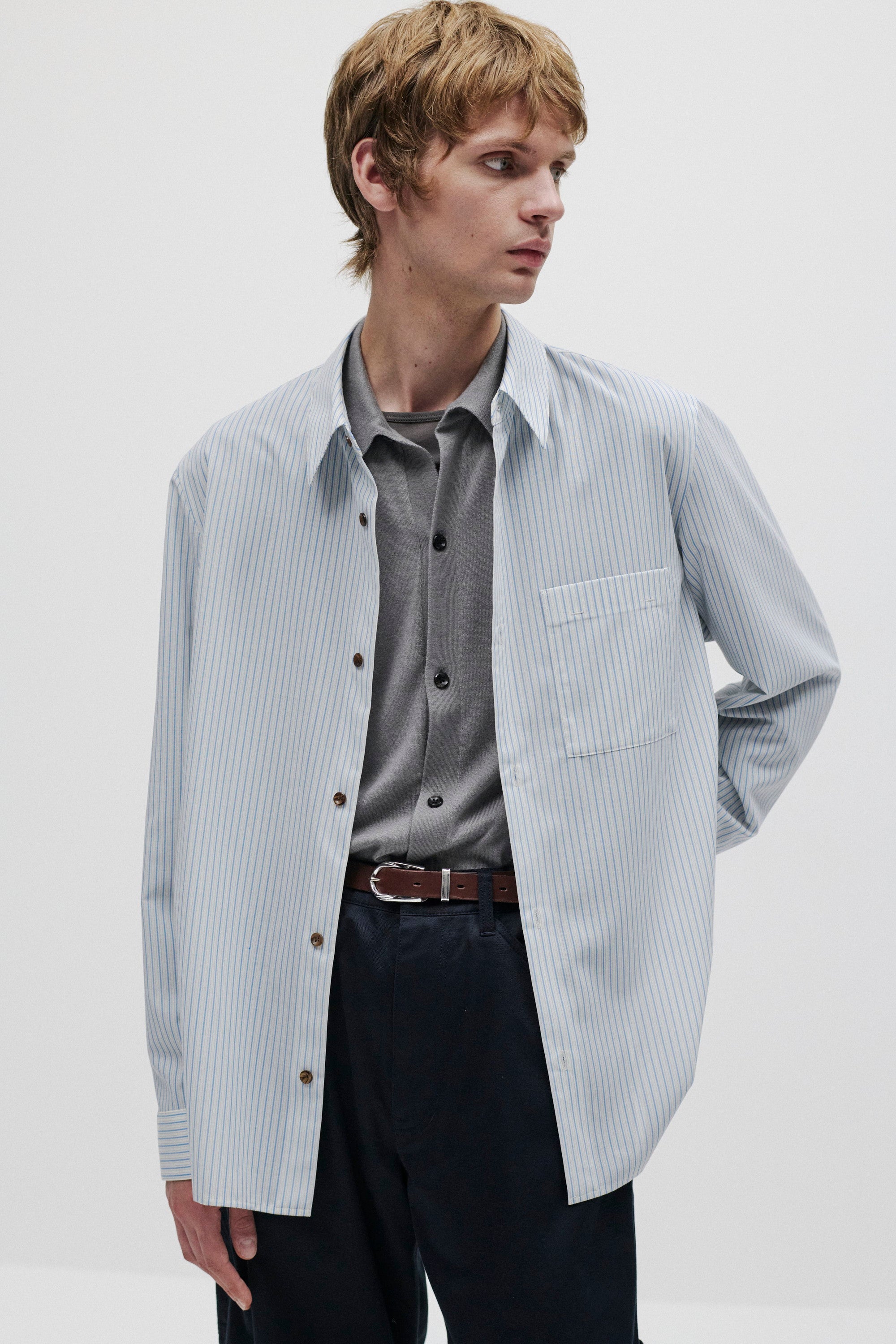 ウール/ポリエステル ストライプ L/Sシャツ