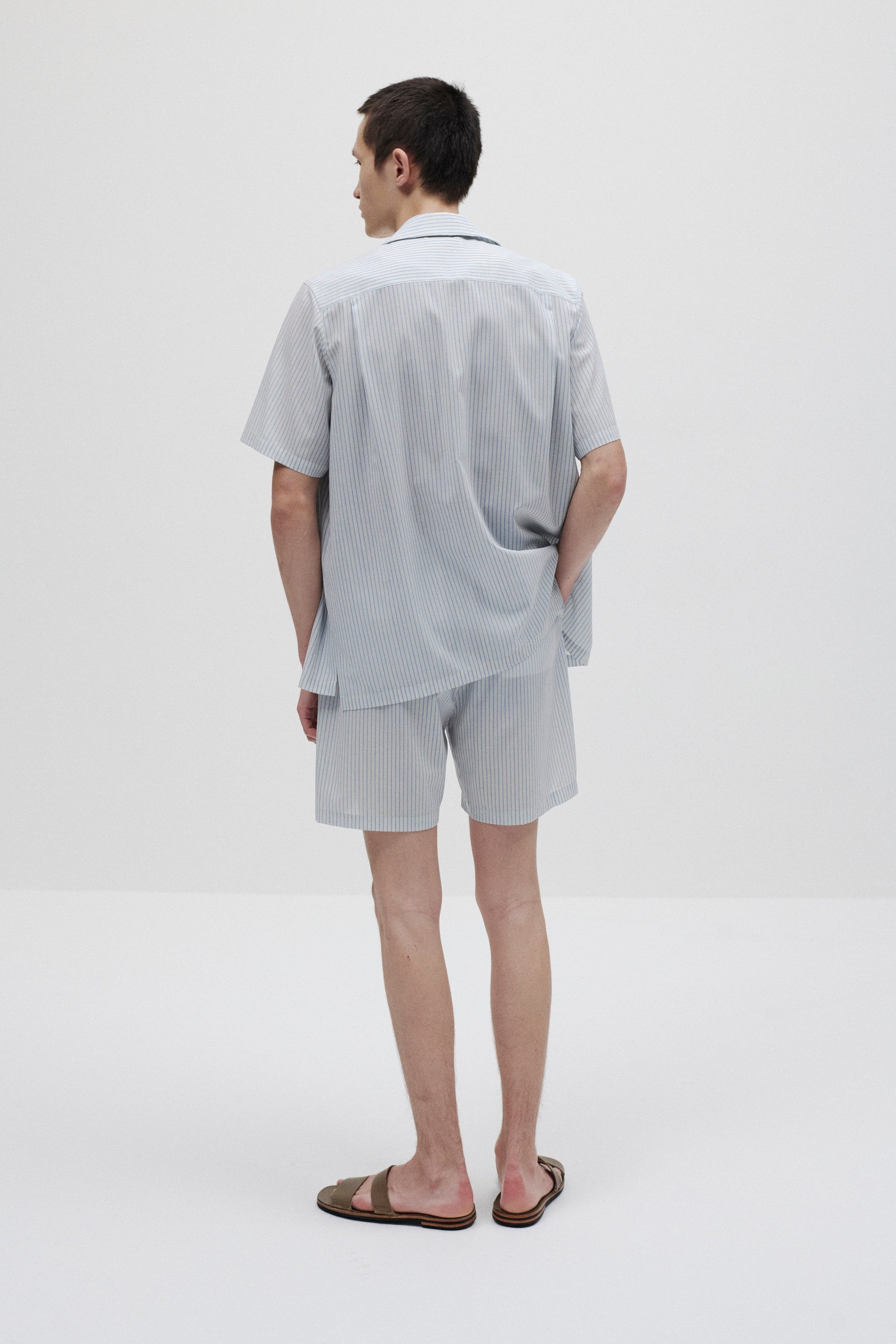 ウール/ポリエステル ストライプ オープンカラーS/S シャツ