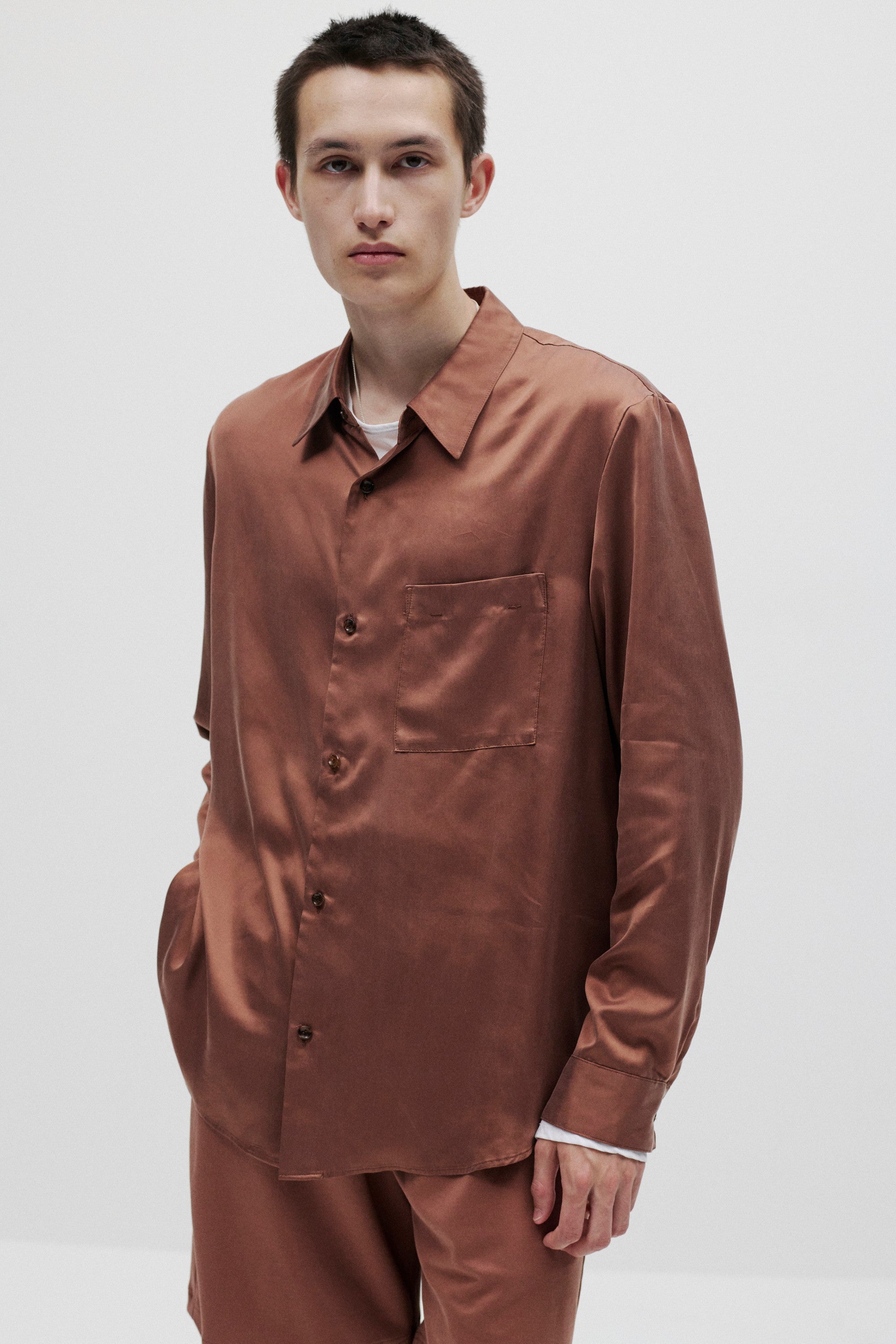 キュプラ/ポリエステル フィブリルサテン L/Sシャツ