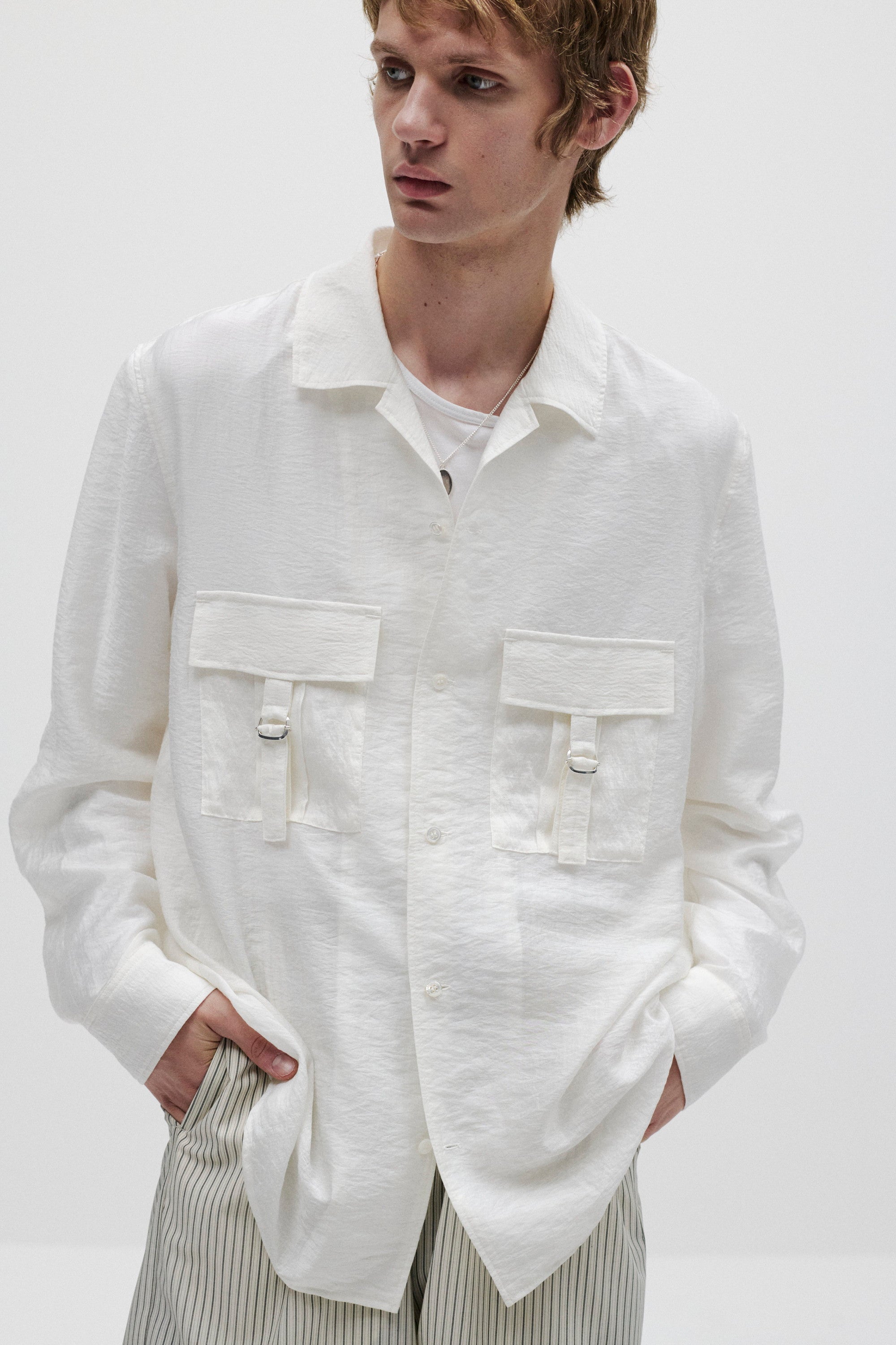 リヨセル/シルク ローン パッチポケットオープンカラーL/Sシャツ