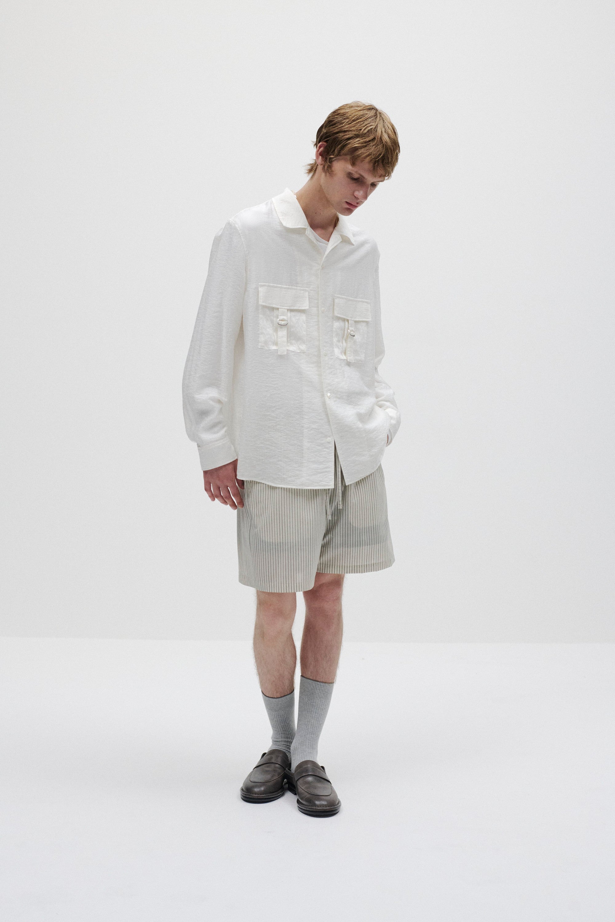 リヨセル/シルク ローン パッチポケットオープンカラーL/Sシャツ