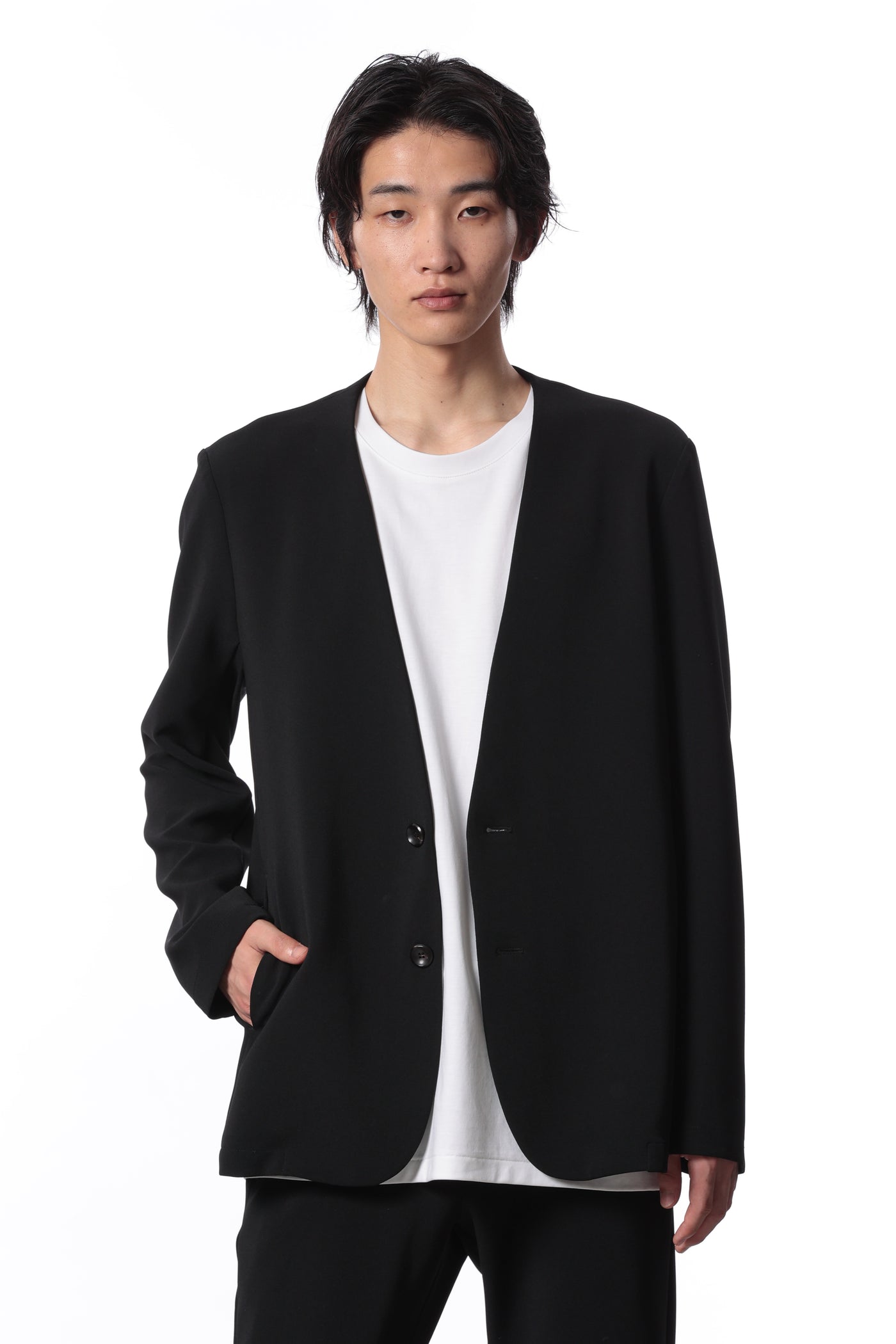 AG41-037 Polyester stretch double cross collarless jacket
