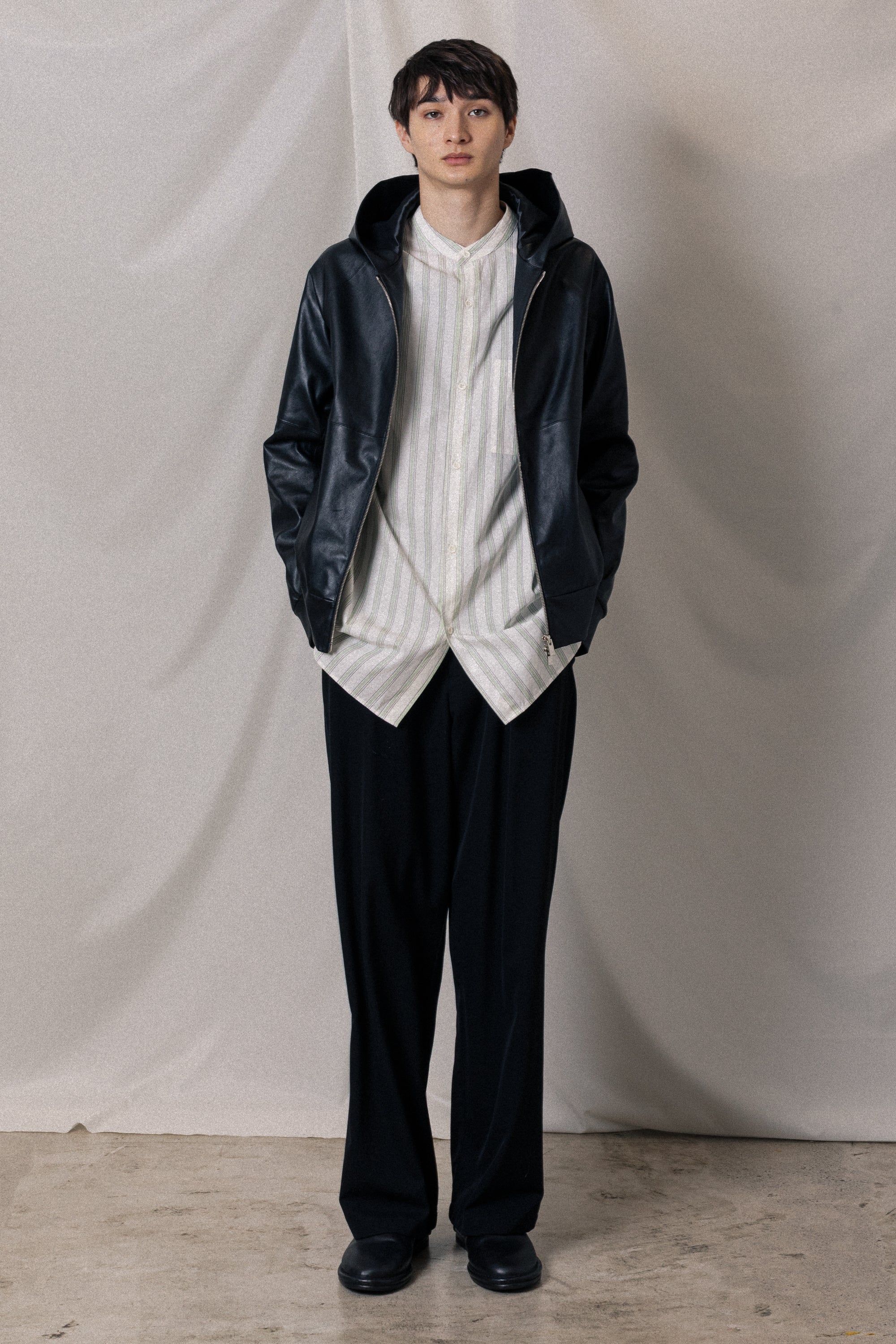 AS52-019 キュプラ/コットンストライプツイル バンドカラーL/Sシャツ