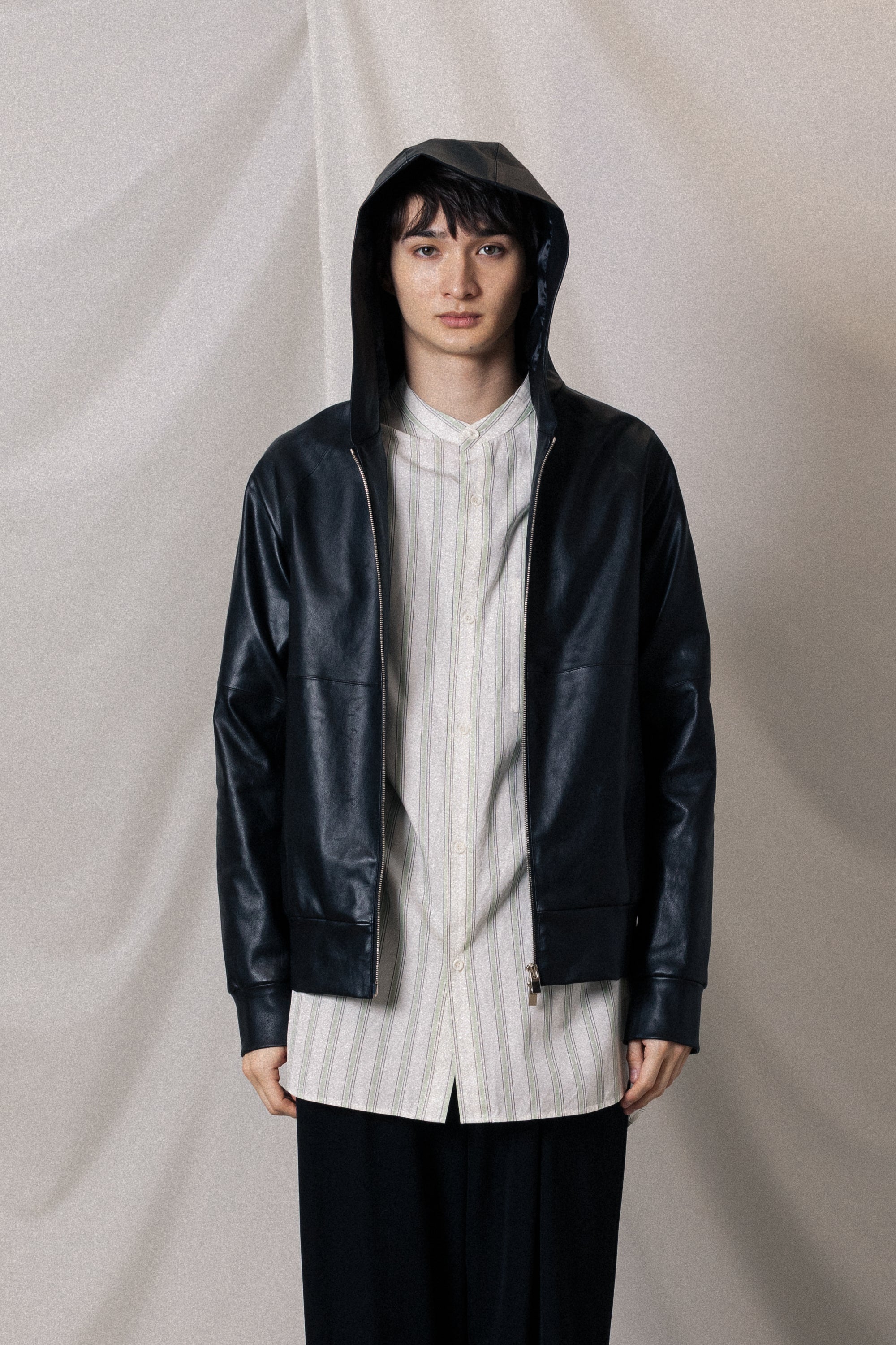 AS52-019 キュプラ/コットンストライプツイル バンドカラーL/Sシャツ