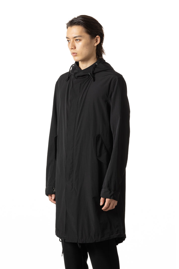 最終値下げ 新品未使用:ATTACHMENT フード付きカシミヤ混コート 黒 ATTACHMENT（アタッチメント）の「カシミア混平二重メルトン フード付