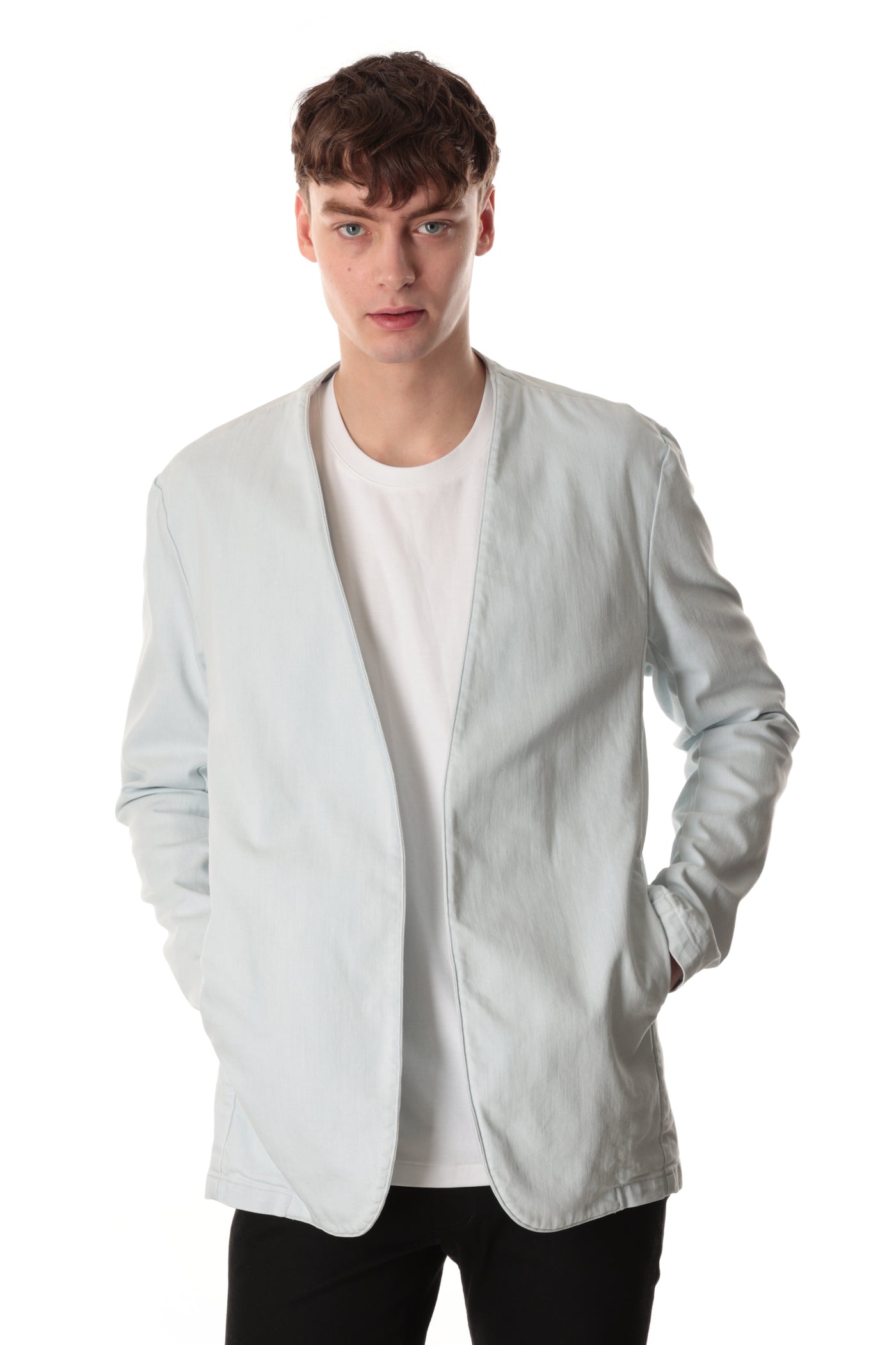 AG32-018 Supima cotton stretch denim collarless jacket (light blue)