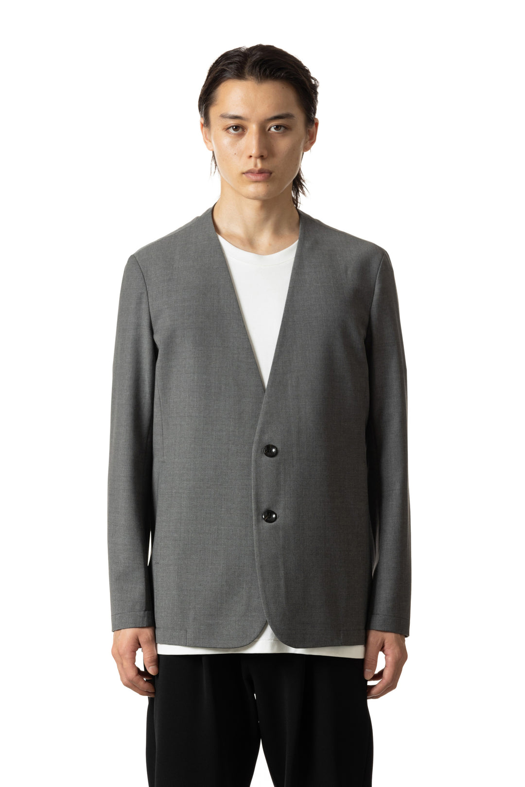 アルマーニ★ノーカラージャケット グレー★新品 AG51-019 ポリエステル/ウール ストレッチトロピカル ノーカラージャケット