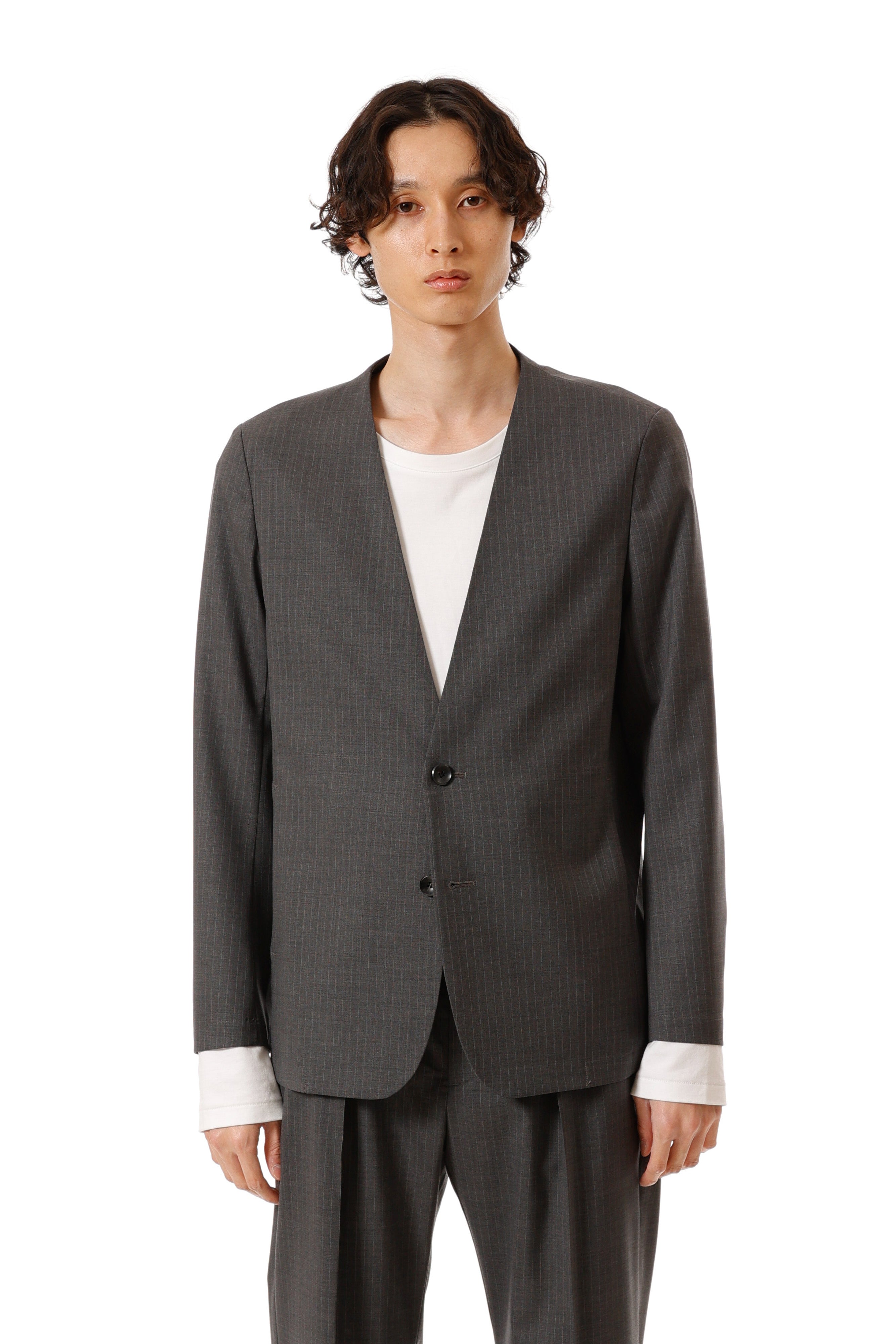 AG52-074 ポリエステル/ウール/シルクギャバジン ノーカラージャケット