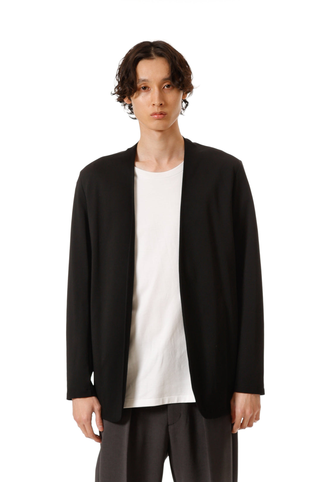 ATTACHMENT コットンダブルフェイスノーカラーカーディガン BLACK ATTACHMENT カーディガン コットンダブルフェイス カラーレス