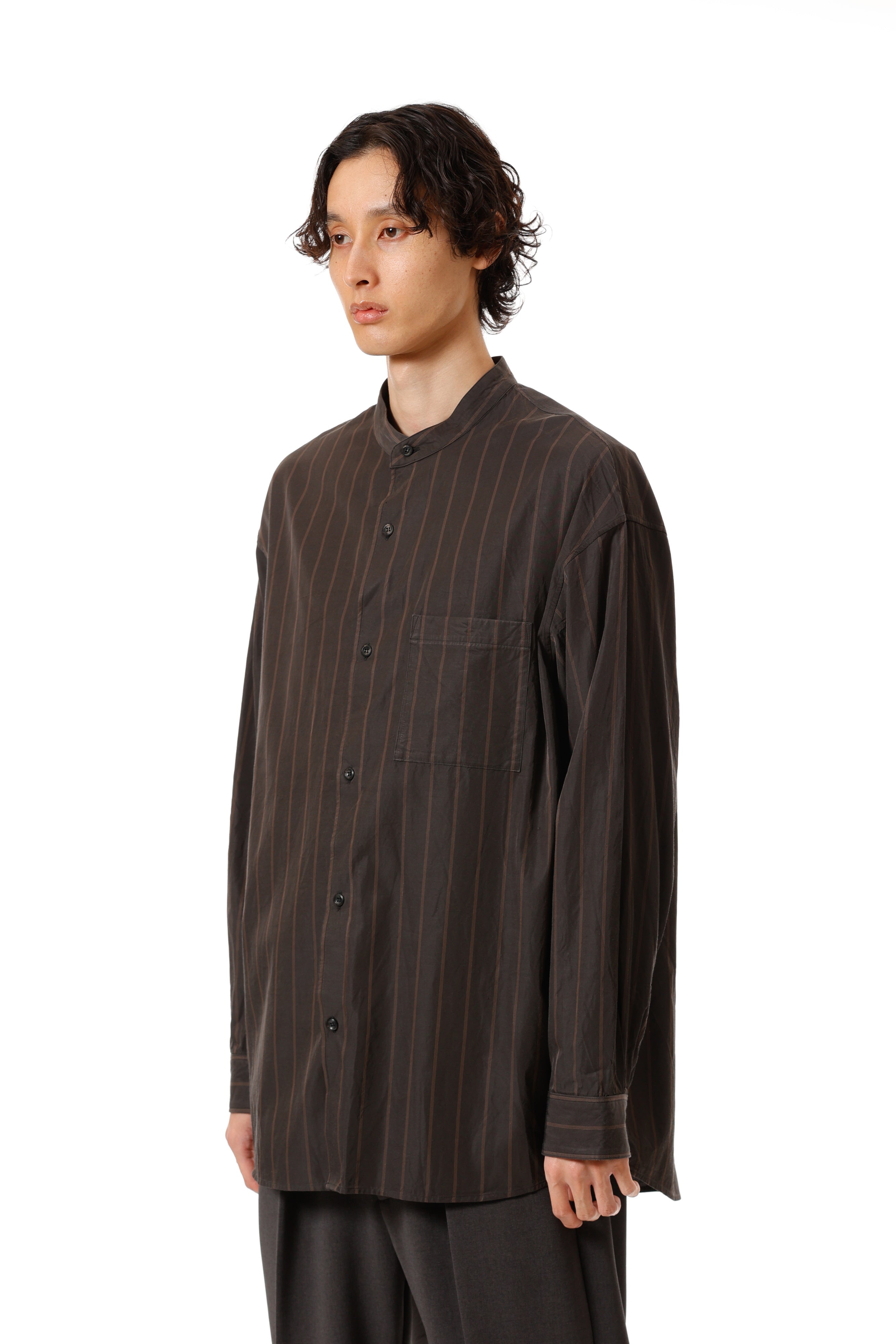 AS52-019 キュプラ/コットンストライプツイル バンドカラーL/Sシャツ