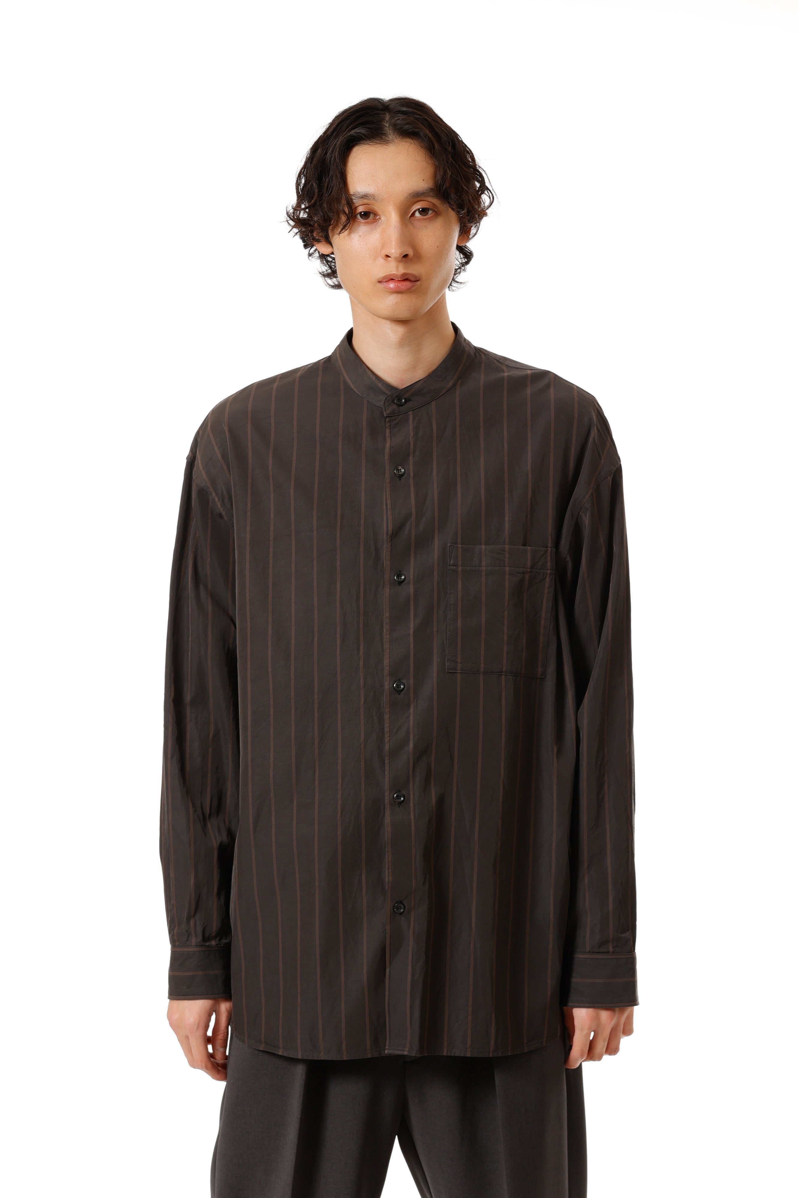 AS52-019 キュプラ/コットンストライプツイル バンドカラーL/Sシャツ