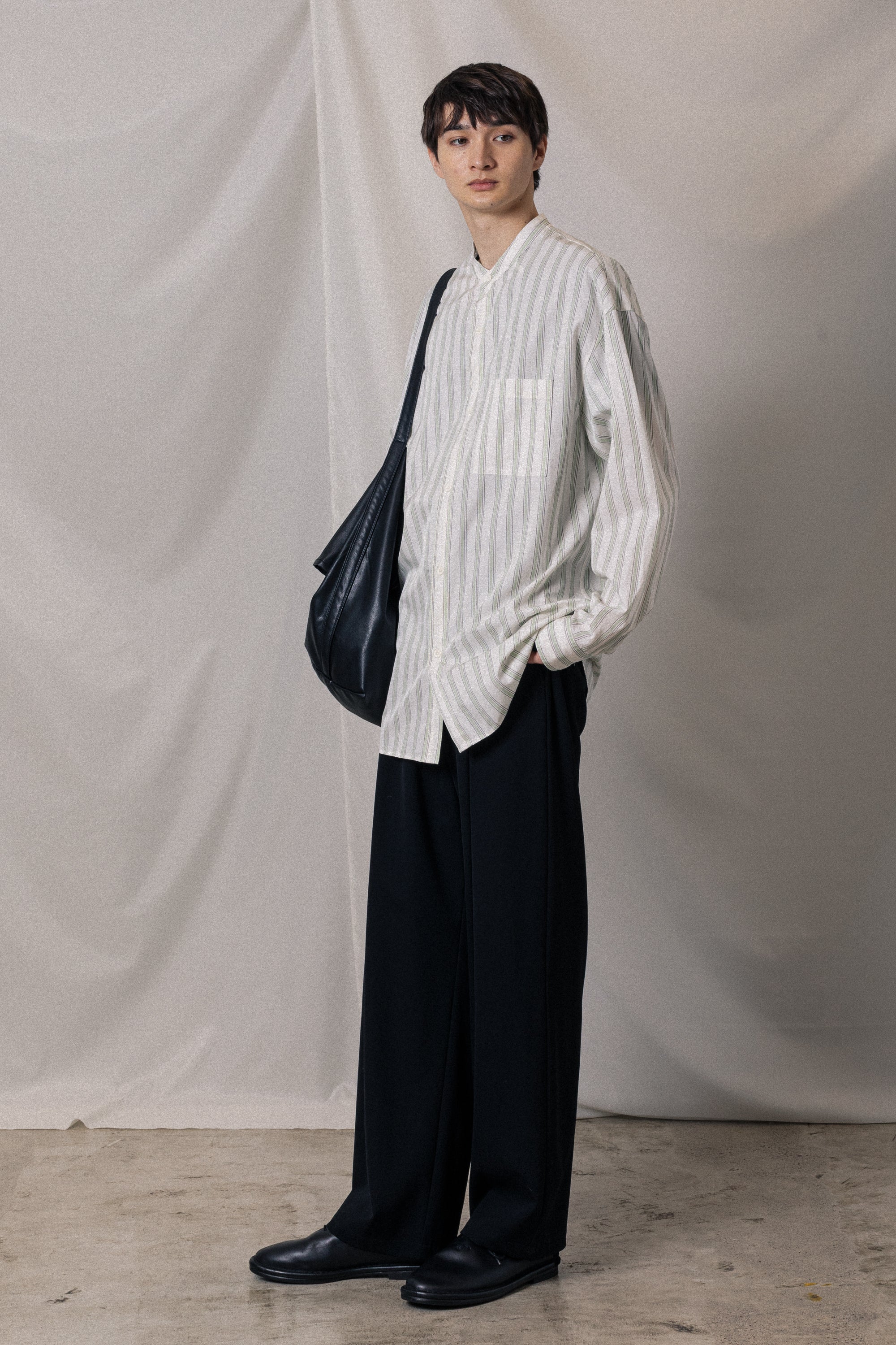 AS52-019 キュプラ/コットンストライプツイル バンドカラーL/Sシャツ