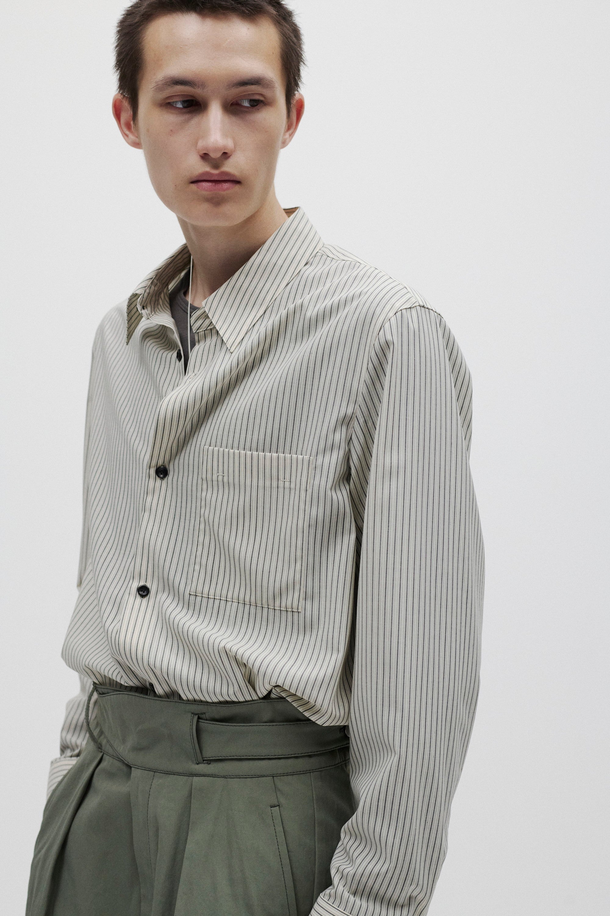 ウール/ポリエステル ストライプ L/Sシャツ