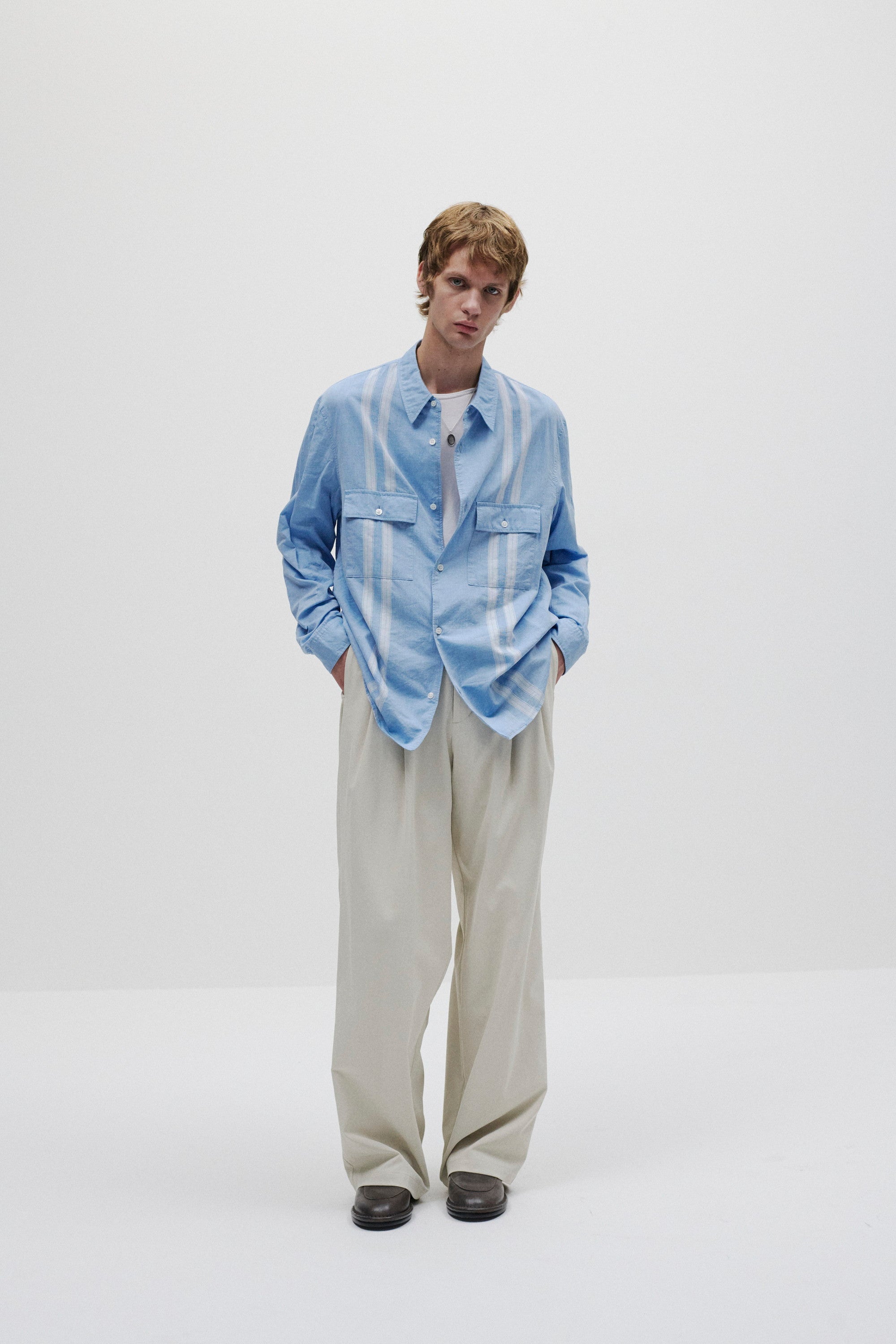 コットン/テンセル ジャカードローン パッチポケットL/S シャツ