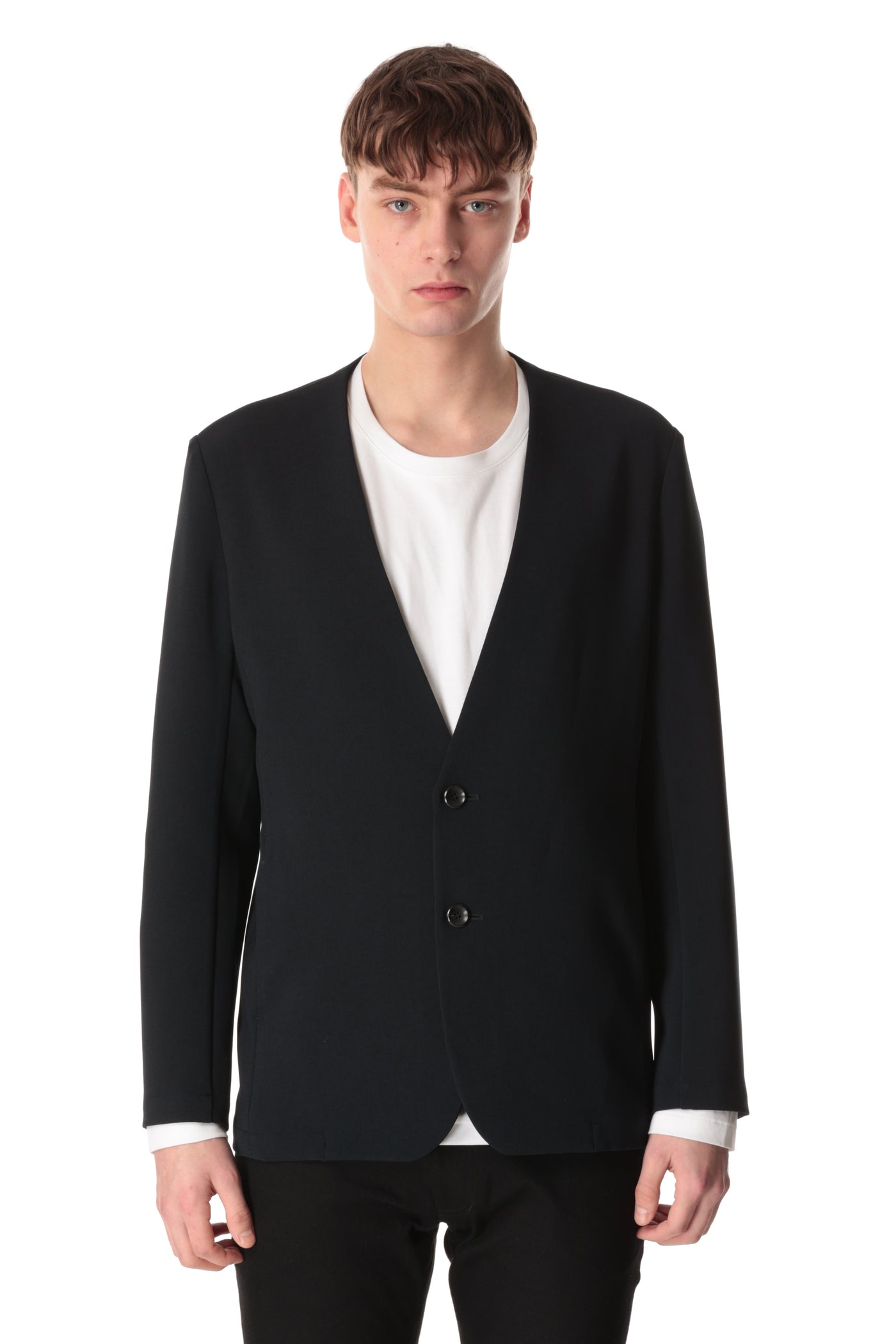 AG32-062 Polyester stretch double cross collarless jacket