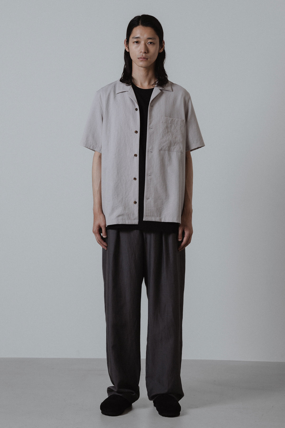 AS51-029 ポリエステル/コットン/リネンツイル オープンカラーシャツS/S