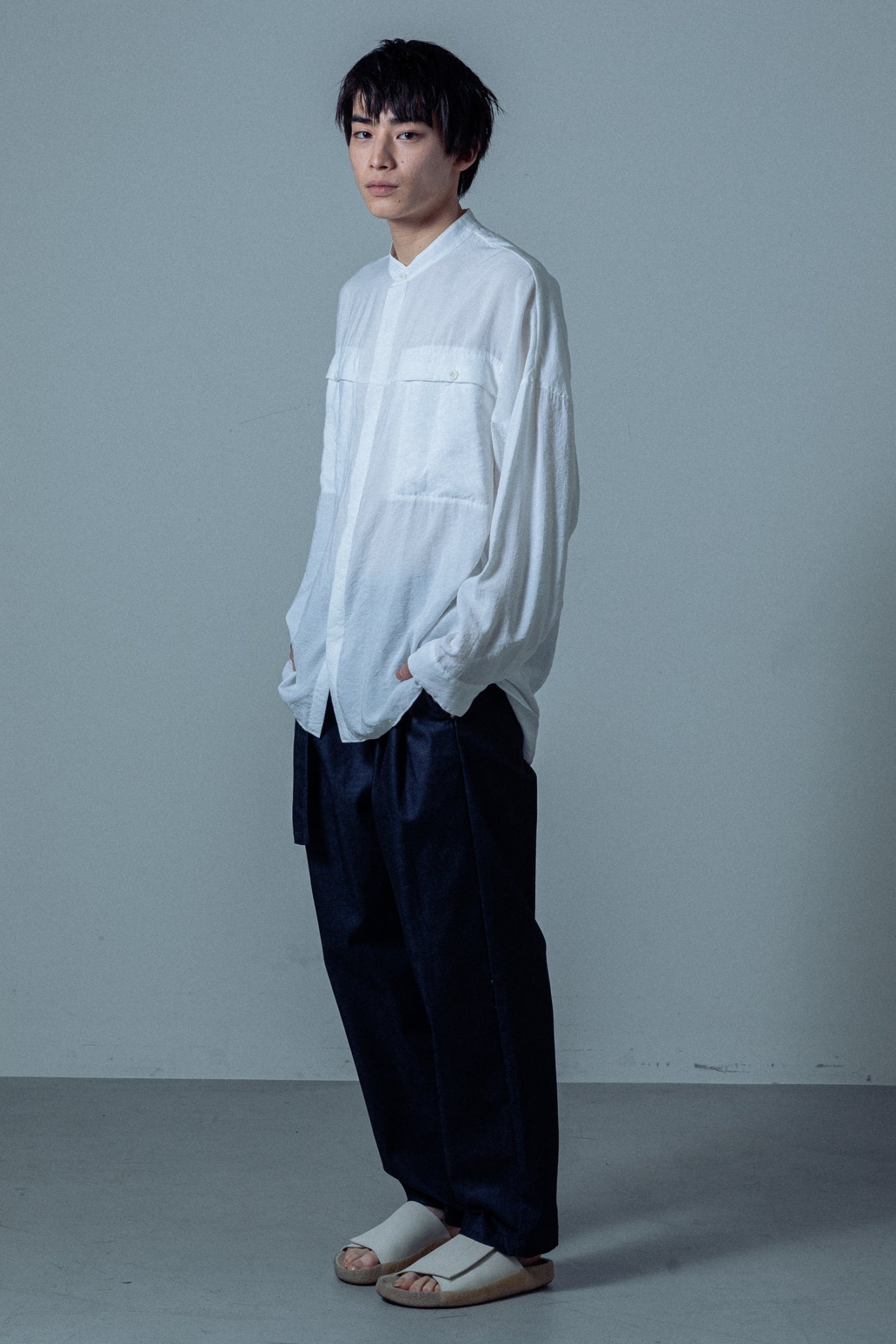 AS31-006 レーヨン/ナイロン オーバーサイズバンドカラーシャツ